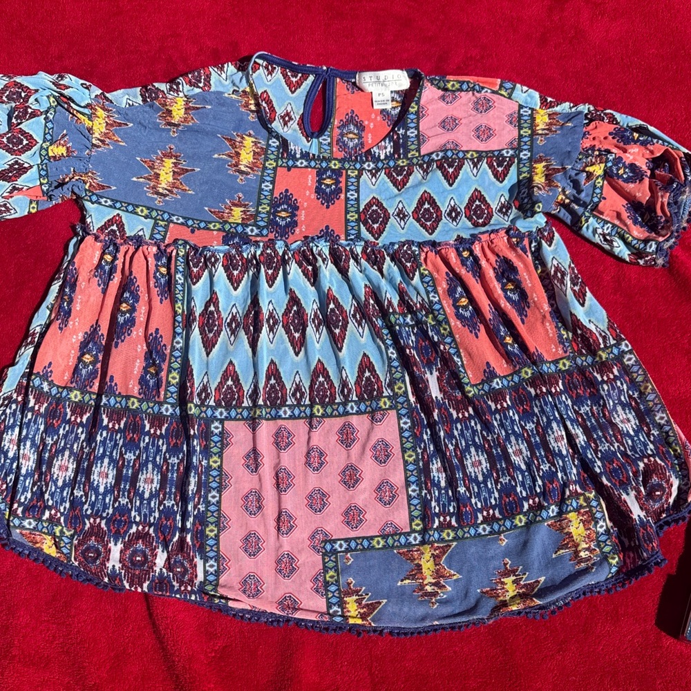 Studio Petite JPR Coral Blue Geometric Patchwork Babydoll Blouse 2-Piece Set PS